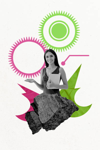 istock Vertical photo collage of happy freelancer girl hold tablet gearwheel settings optimization stone progress isolated on painted background 2190202821