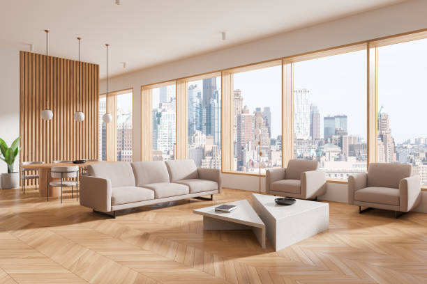 istock Modern Living Room with City View. 3D Rendering 2190202926