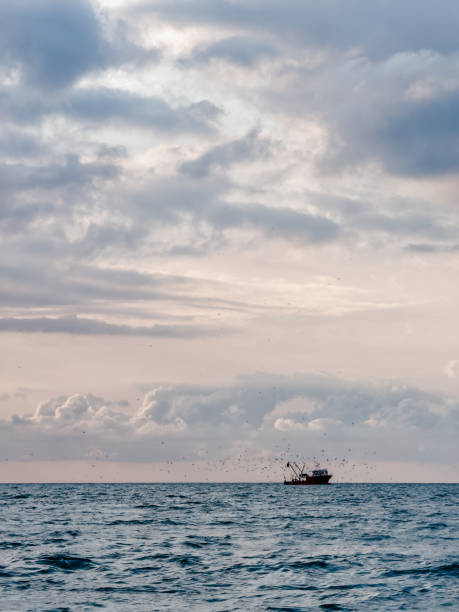 Fishing boat at dramatic sunset on Black Sea coast, Batumi, Georgia