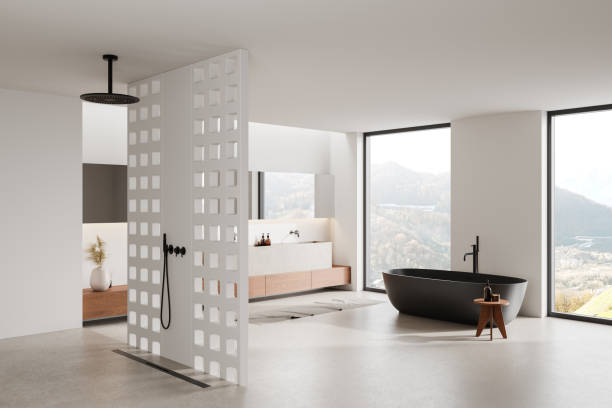 istock Hotel bathroom interior with bathtub, shower and double sink. Panoramic window 2190203058