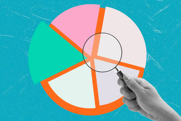 istock Modern art collage featuring a hand with a magnifying glass and a round graph on a blue background. 2190203261