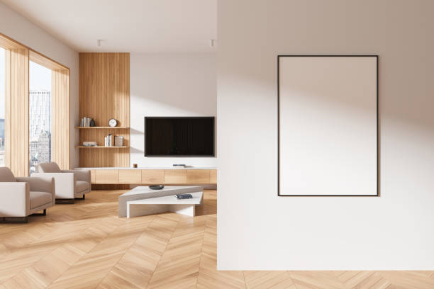 istock Living room interior armchairs and tv screen, panoramic window. Mockup frame 2190203331