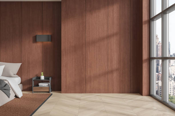 istock Wooden wall interior with bed and window view. 3D Rendering 2190203350