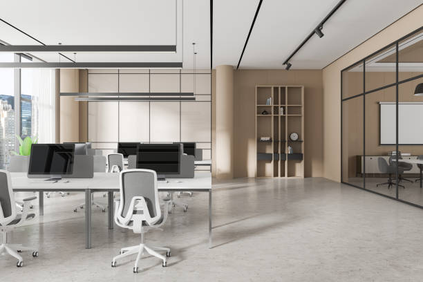 istock Modern open space office interior with workstations and glass meeting room. 3D Rendering 2190204002