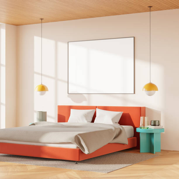 istock Stylish hotel bedroom interior with bed and decoration. Mockup frame 2190204324