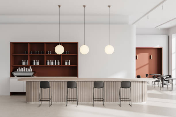 istock Modern restaurant cafe interior with bar island and dining tables in row 2190204472