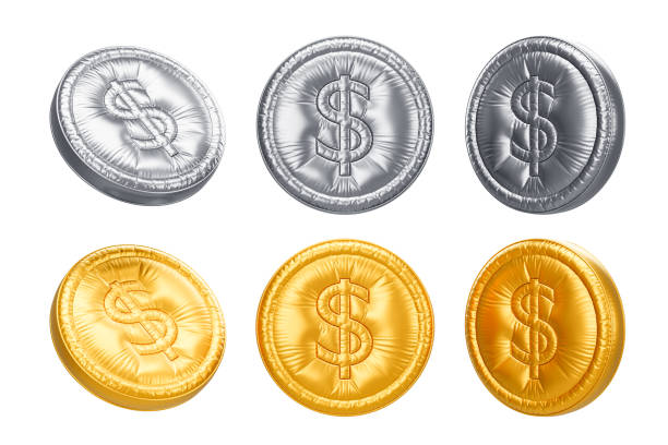 Six balloon signs in the shape of metallic and gold coins with a dollar symbol. The coins are arranged in two rows and isolated on a white background. 3D rendering