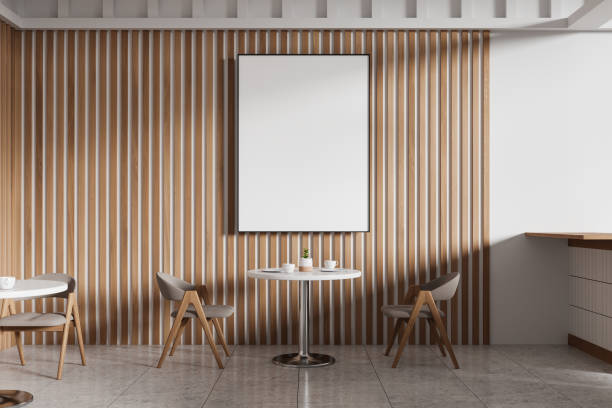 istock Modern Cafe Interior with Blank Poster on Wooden Wall. 3D Rendering 2190205873