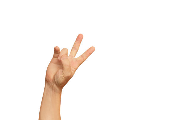 istock Man hand with victory gesture on a white background with copy space 2190206327