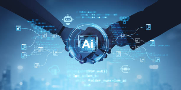 istock Two hands shaking with AI hologram icons overlay, digital style, blue tech background. Concept of futuristic collaboration 2190206586