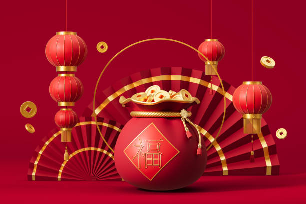 istock Festive red lanterns and gold coins on a red background, symbolizing prosperity and celebration. 3D Rendering 2190206628