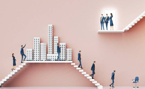 istock Business people approaching senior managers team  for interview. Business environment concept with stairs and open door. 3D rendering 2190210606