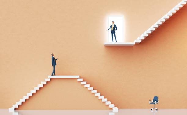 istock Business people approaching senior managers team  for interview. Business environment concept with stairs and open door. 3D rendering 2190210735