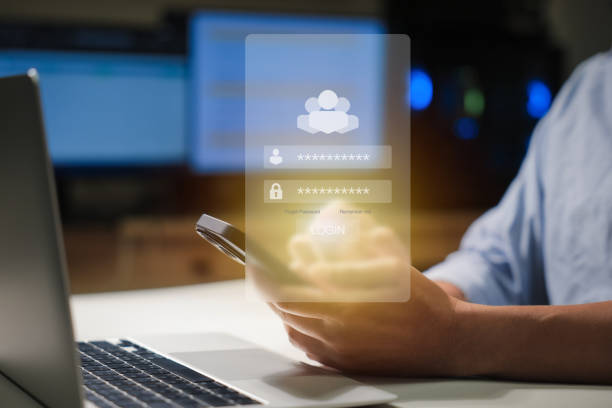 istock Login screen, Cybersecurity and privacy concepts to protect data. Lock icon and internet network security technology. Businessmen protecting personal data on laptops and virtual interfaces. 2190213391