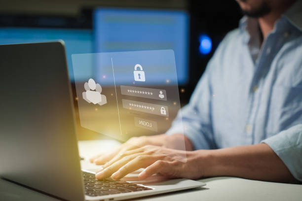 istock Login screen, Cybersecurity and privacy concepts to protect data. Lock icon and internet network security technology. Businessmen protecting personal data on laptops and virtual interfaces. 2190213394