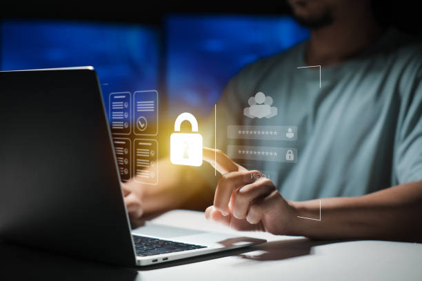 istock Login screen, Cybersecurity and privacy concepts to protect data. Lock icon and internet network security technology. Businessmen protecting personal data on laptops and virtual interfaces. 2190213398