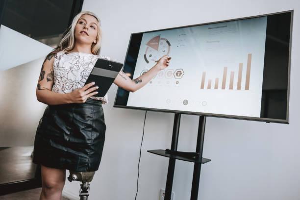 istock Woman with prosthetic leg presenting financial result 2190213618