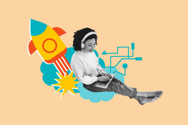 istock Composite trend artwork sketch image photo collage of young lady work laptop remote headphones listen music cosmic rocket fly travel 2190213793
