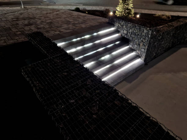 istock stairs on the square or on the route.  building terrace with backlight. light led strip. light tubes illuminate the bottom of the stairs so that people don't trip over when they go at night 2190213819