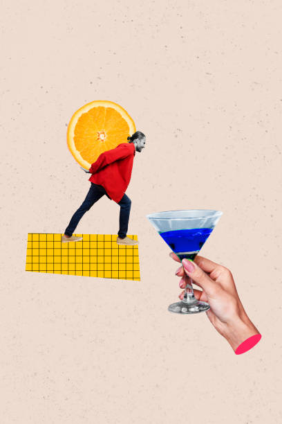istock Composite trend artwork sketch image photo collage of young guy small walk hold piece orange martini glass cocktail drink alcohol tasty 2190215603