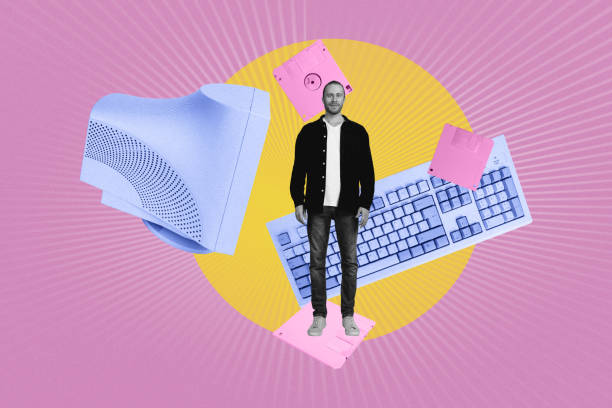 istock Composite trend artwork 3D sketch image photo collage of work office manager obsolete young guy stand keyboard disk computer monitor 2190215605