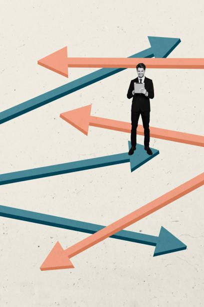 Image vertical art banner collage of happy freelancer guy hold ereader arrow development pointer variant success statistics achieve.