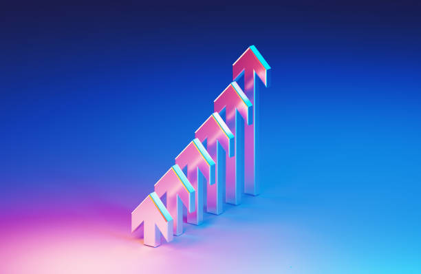 Metallic arrow symbols which are illuminated by blue and magenta lights forming a bar graph on blue and magenta background. Horizontal composition. Bull market concept.