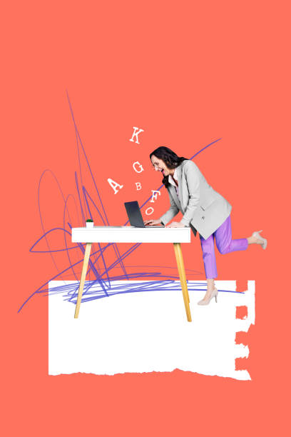 istock Vertical collage picture mature woman worker employee laptop browsing digital device remote drawing doodles table office 2190217051