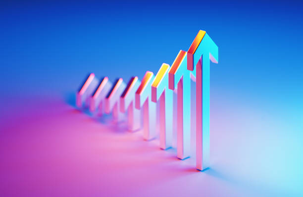 istock Metallic Arrow Symbols Which Are Illuminated By Blue And Magenta Lights Forming A Graph On Blue And Magenta Background 2190217190