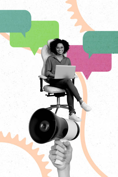 istock Vertical poster collage young woman remote worker employee laptop textbox message communication virtual forum loudspeaker bullhorn 2190217385