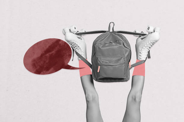 Creative collage legs body fragments shoes roller skaters textbox message reply communication share mind opinion rucksack backpack