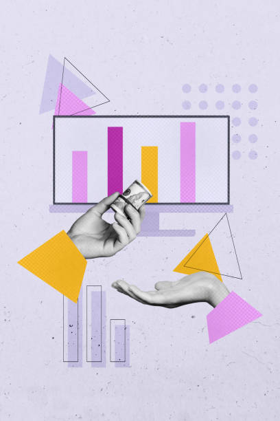 istock Image vertical art banner collage of hands hold dollar bribe payment success income pc monitor chart statistics success profit 2190217936