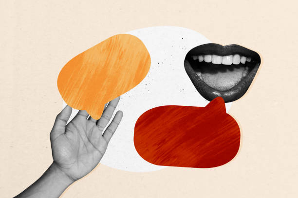 istock Composite trend artwork sketch image 3D photo collage of abstract speech cloud message sms textbox mouth lips speech hand hold app date 2190218010