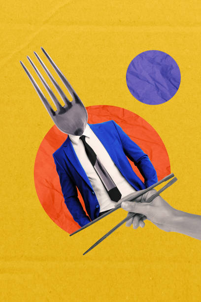 Trend artwork composite 3D photo collage design of kitchenware tool fork food meal headless man stand wear suit hand hold asian sticks