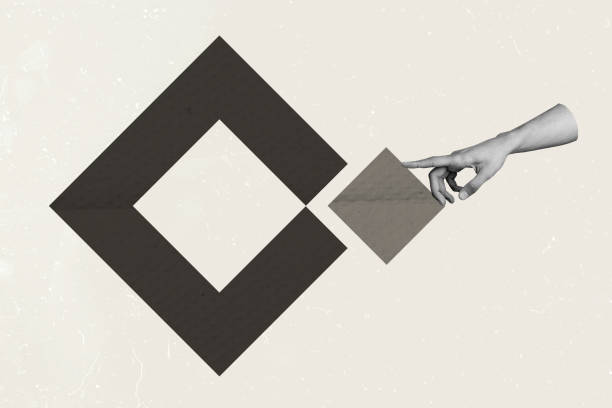 istock Composite image montage trend artwork 3D collage of shapes object geometry element mass incognito hand showing gesture finger cube 2190218161
