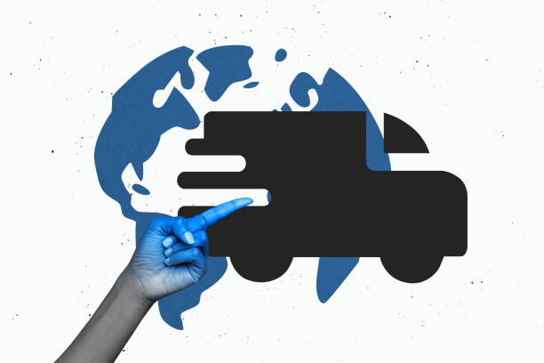 Composite photo collage of hand point index finger postal car export service postal order delivery world isolated on painted background.