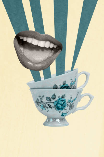 Trend artwork creative sketch 3D photo collage of anonymous teeth lips say talk creative fragment relax drink cup enjoy hot beverage