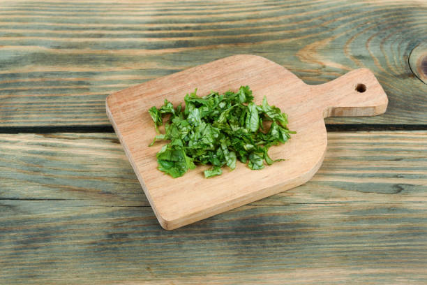 Chopped fresh coriander leaves on a wooden cutting board. Copy space.