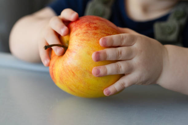 istock Little kids hands holding big ripe apple. Closeup. 2190225247