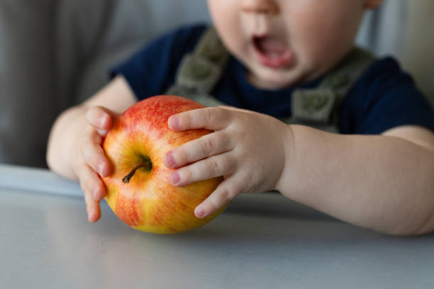istock Little child with open mouth is ready to bite big ripe apple . Closeup, selective focus. 2190225545
