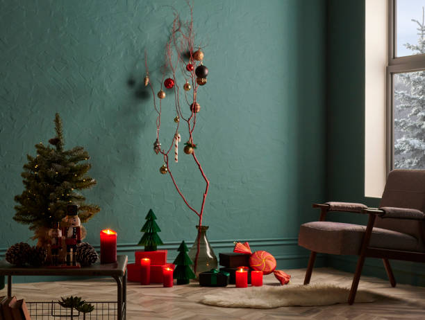 istock Christmas tree, new year concept interior room stye, textured green wall background. 2190226178