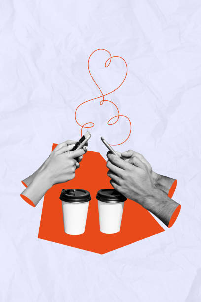 istock Composite trend artwork sketch image collage of monochrome miniature human hand arm wrist hold smartphone coffee cup love valentine date 2190228585