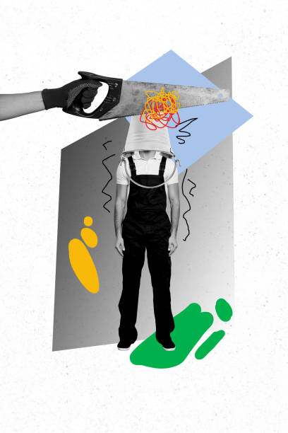 istock Vertical creative art collage of anonym builder instead head metal bucket sharp saw repair brainwash isolated on painting background 2190229102