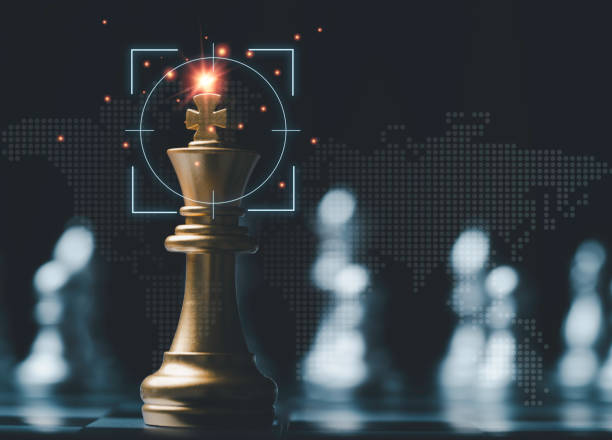 istock Golden king chess encounter with silver chess enemy on dark background and connection line for strategy idea and futuristic concept 2190229357