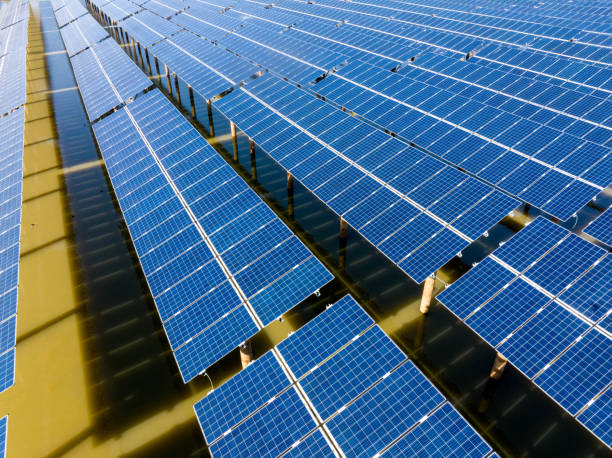 istock Large-scale floating solar power station, aerial view 2190230082