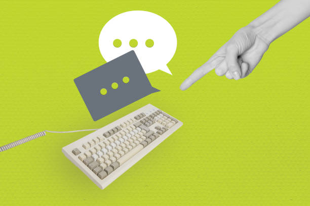 istock Composite photo collage of hand point electronic keypad bubble communication cloud chatterbox messenger isolated on painted background 2190230386