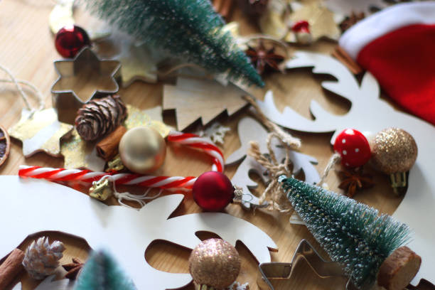 istock Christmas Decorations On Wooden Background 2190237248