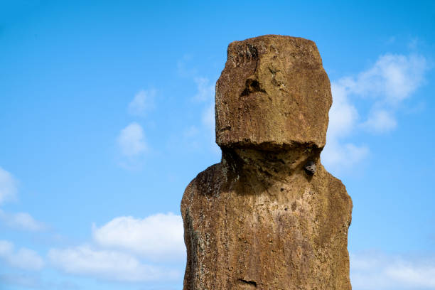 One of the iconic Moai statues of Easter Island.The Moai were constructed around five or six hundred years ago and represent the islanders' ancestors. They were all toppled after a period of tribal warfare broke out, though a number were restored in the twentieth century.