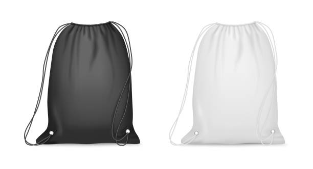 istock Blank drawstring realistic bags for sport or school cloth and shoes. Vector pouches or textile backpacks with ropes or nylon cord. Sports packs for accessory, modern canvas fabric totes 2190240778