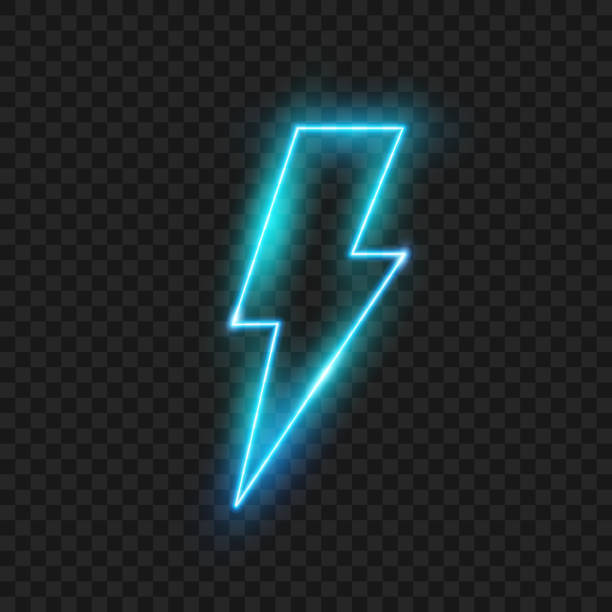 istock Neon realistic thunderbolt, isolated glowing lightning decoration for pub or night club, home decor. Vector shiny sign, symbol of high voltage, shining retro or futuristic bolt arrow design 2190241735